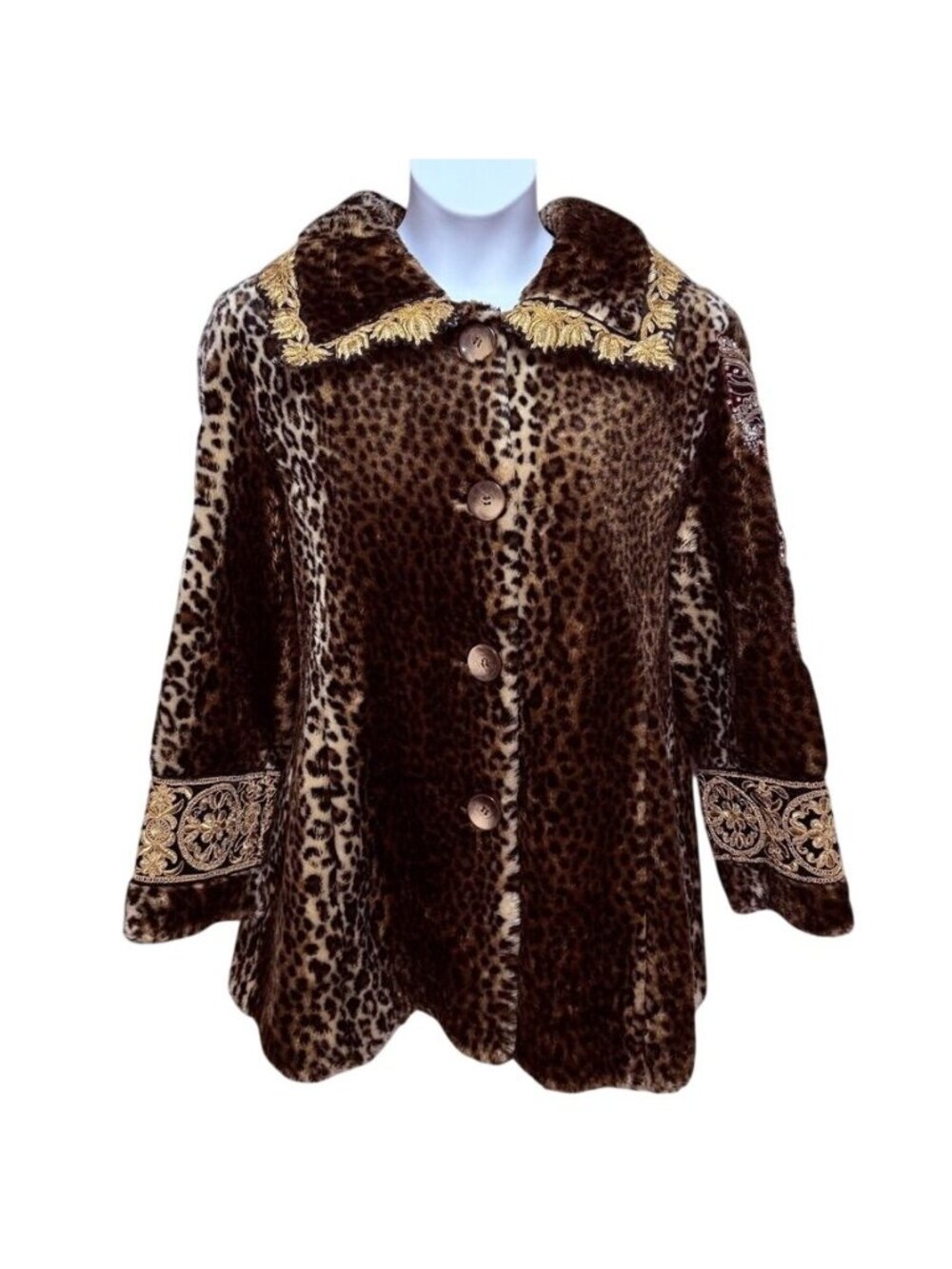 Cold Cocained Heart OOAK Upcycled Leopard Faux Fur Coat UK20 Crystal Embellished